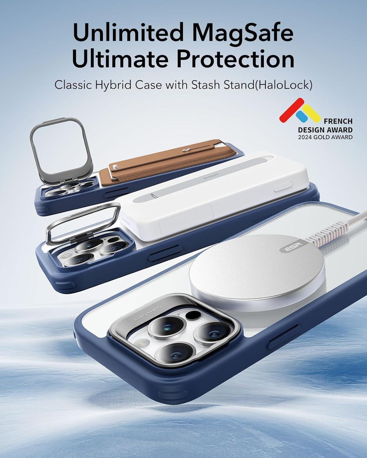 imageESR Silicone Case for iPhone 17 Pro Max Builtin Camera Stash Stand Compatible with MagSafe MilitaryGrade Drop Protection Magnetic Phone Case for iPhone 17 Pro Max Cloud Series BlackBClear Blue