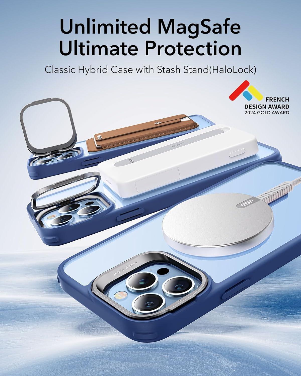 imageESR Silicone Case for iPhone 17 Pro Max Builtin Camera Stash Stand Compatible with MagSafe MilitaryGrade Drop Protection Magnetic Phone Case for iPhone 17 Pro Max Cloud Series BlackBClear Blue