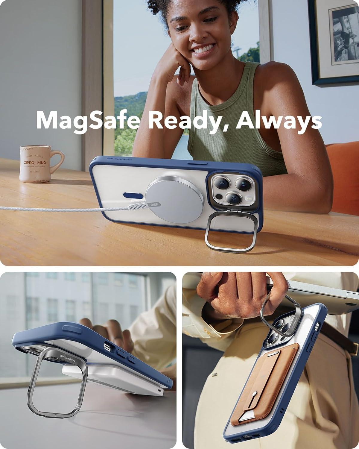 imageESR Silicone Case for iPhone 17 Pro Max Builtin Camera Stash Stand Compatible with MagSafe MilitaryGrade Drop Protection Magnetic Phone Case for iPhone 17 Pro Max Cloud Series BlackBClear Blue