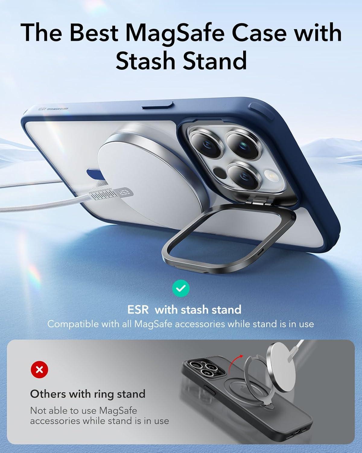 imageESR Silicone Case for iPhone 17 Pro Max Builtin Camera Stash Stand Compatible with MagSafe MilitaryGrade Drop Protection Magnetic Phone Case for iPhone 17 Pro Max Cloud Series BlackBClear Blue