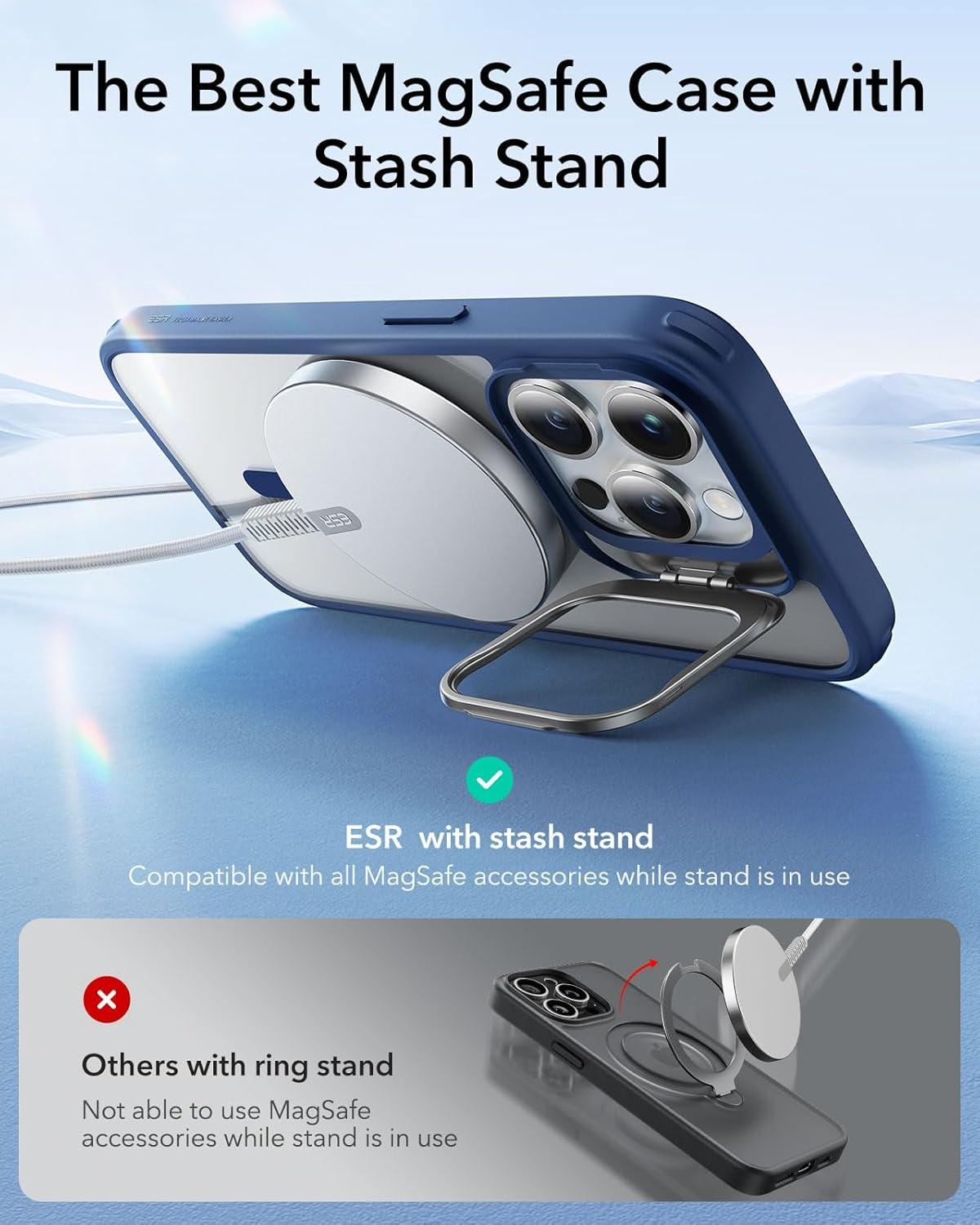 imageESR Silicone Case for iPhone 17 Pro Max Builtin Camera Stash Stand Compatible with MagSafe MilitaryGrade Drop Protection Magnetic Phone Case for iPhone 17 Pro Max Cloud Series BlackBClear Blue