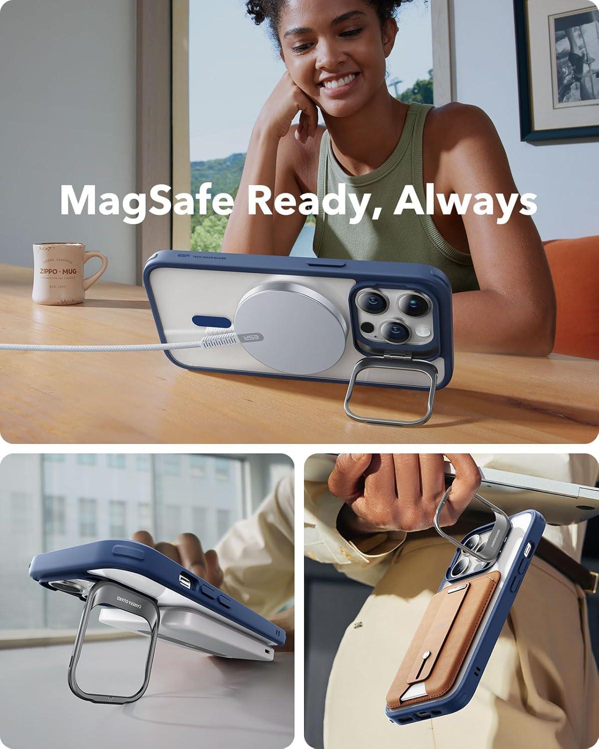 imageESR Silicone Case for iPhone 17 Pro Max Builtin Camera Stash Stand Compatible with MagSafe MilitaryGrade Drop Protection Magnetic Phone Case for iPhone 17 Pro Max Cloud Series BlackBClear Blue