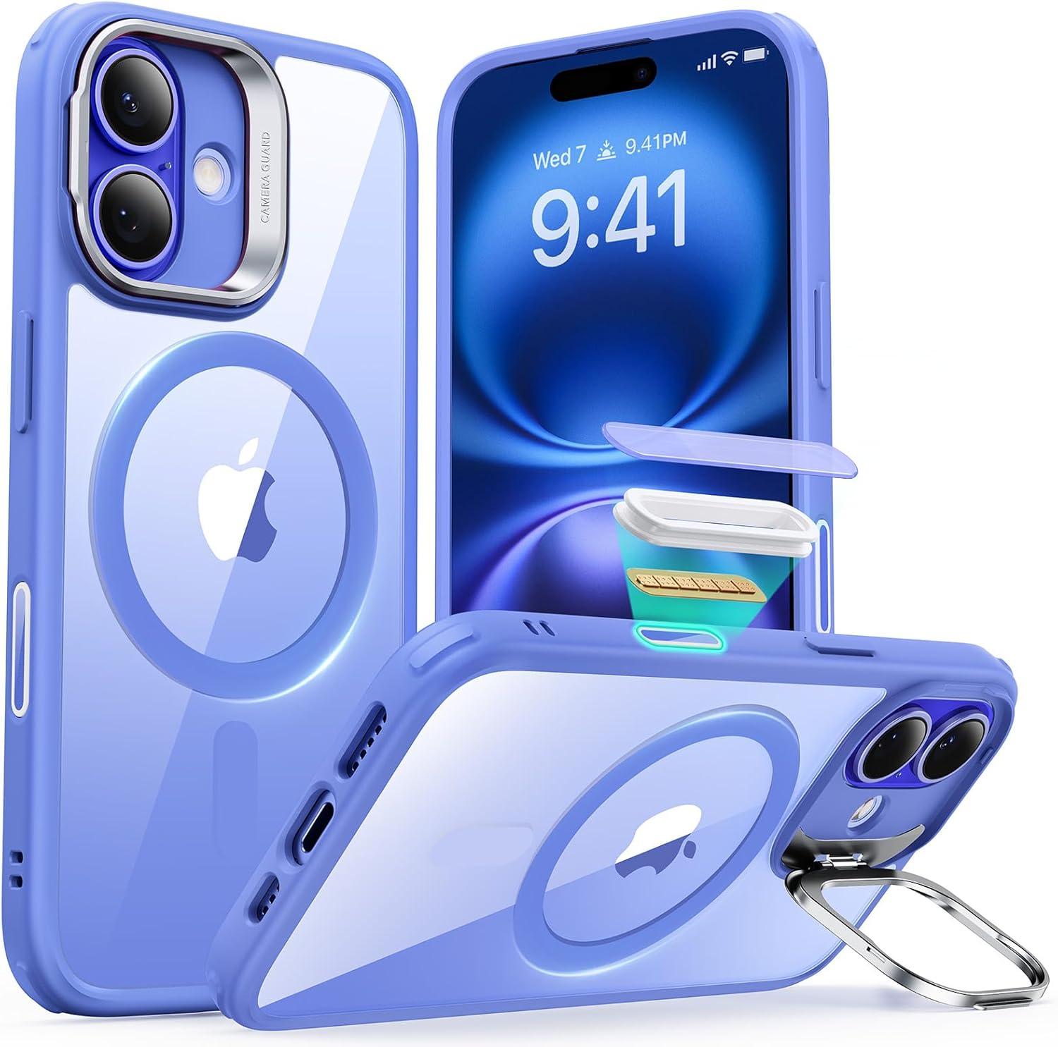 imageESR Silicone Case for iPhone 17 Pro Max Builtin Camera Stash Stand Compatible with MagSafe MilitaryGrade Drop Protection Magnetic Phone Case for iPhone 17 Pro Max Cloud Series BlackBClear Blue