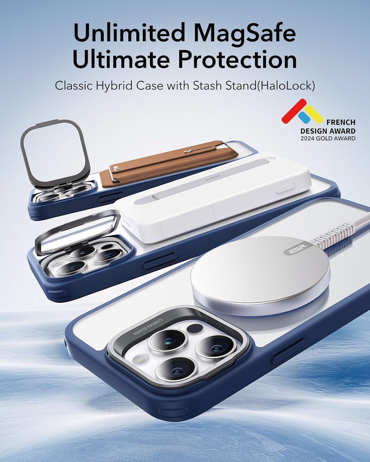 imageESR Silicone Case for iPhone 17 Pro Max Builtin Camera Stash Stand Compatible with MagSafe MilitaryGrade Drop Protection Magnetic Phone Case for iPhone 17 Pro Max Cloud Series BlackBClear Blue