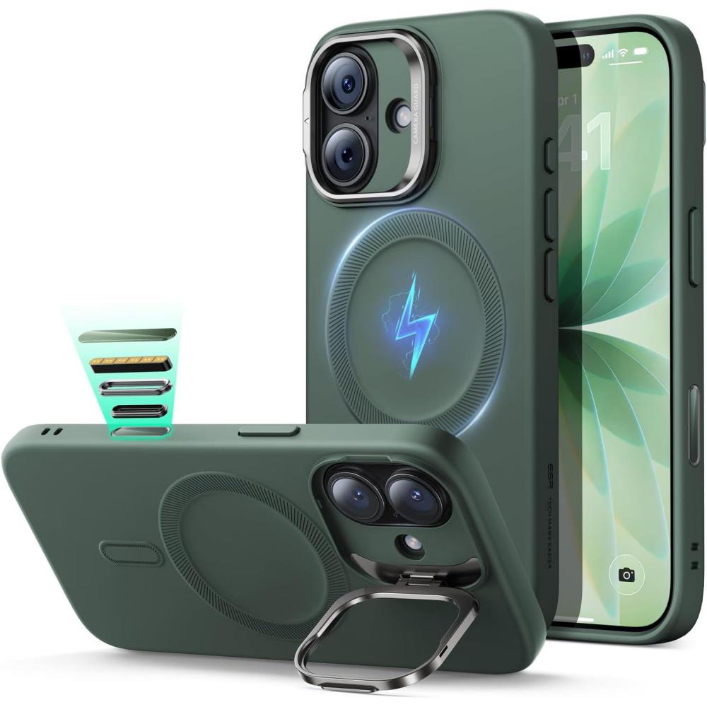 imageESR Silicone Case for iPhone 17 Pro Max Builtin Camera Stash Stand Compatible with MagSafe MilitaryGrade Drop Protection Magnetic Phone Case for iPhone 17 Pro Max Cloud Series BlackDOlive Green