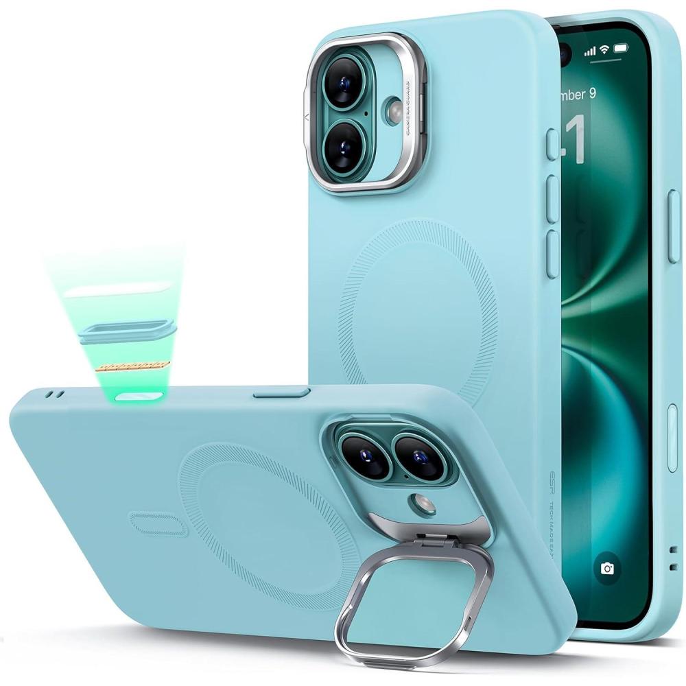 imageESR Silicone Case for iPhone 17 Pro Max Builtin Camera Stash Stand Compatible with MagSafe MilitaryGrade Drop Protection Magnetic Phone Case for iPhone 17 Pro Max Cloud Series BlackDTeal