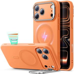 ESR Silicone Case for iPhone 17 Pro Max, Built-in Camera Stash Stand Compatible with MagSafe, Military-Grade Drop Protection Magnetic Phone Case for iPhone 17 Pro Max, Cloud Series, Black(D-Orange)
