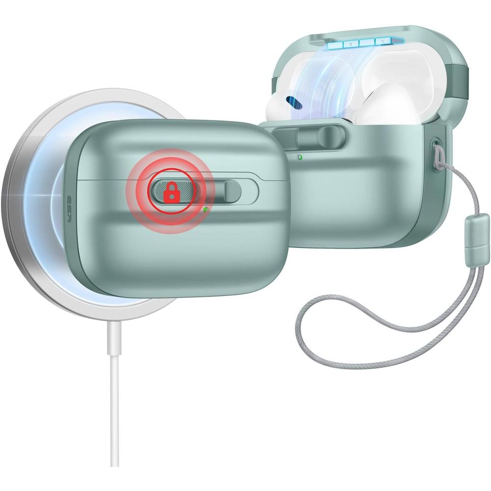 imageESR for AirPods Pro 3 Case 2025 Compatible with AirPods Pro 3 USBC Cable MagSafe Ready Magnetic Lid Lock Full Drop Protection Cover with Lanyard BlackGreen