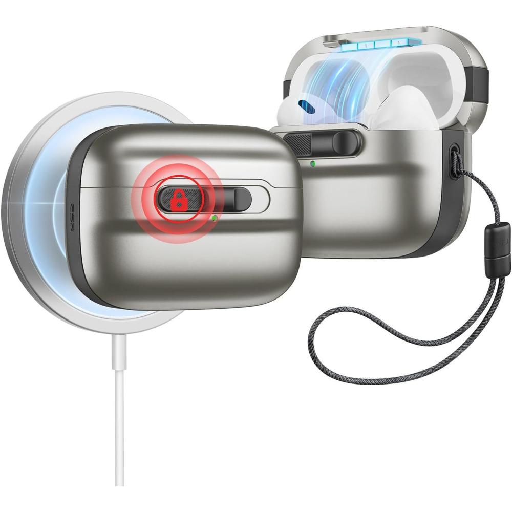 imageESR for AirPods Pro 3 Case 2025 Compatible with AirPods Pro 3 USBC Cable MagSafe Ready Magnetic Lid Lock Full Drop Protection Cover with Lanyard BlackTitanium