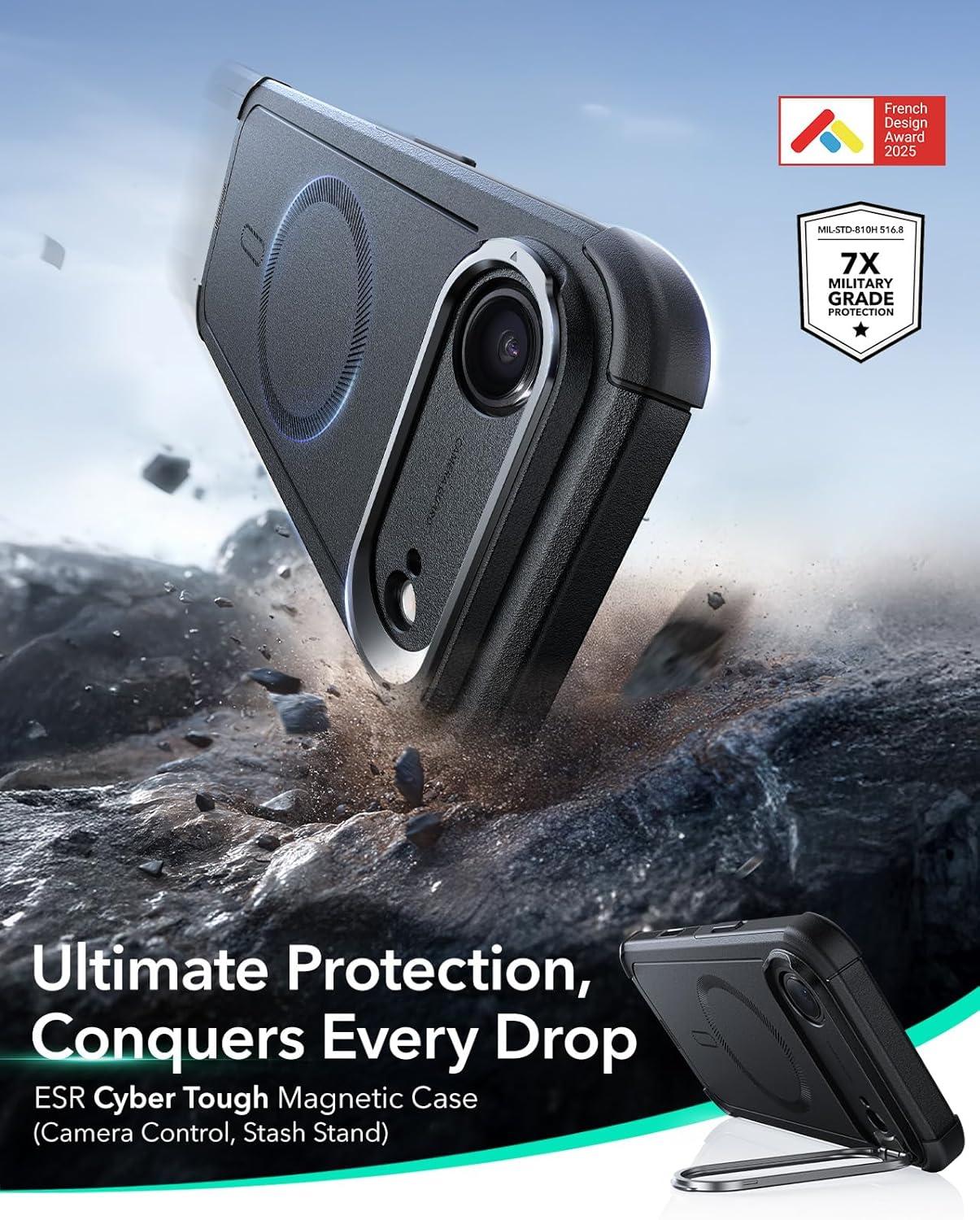 imageESR for iPhone 17 Pro Max Case with Stash Stand 7X MilitaryGrade Drop Protection with Camera Control ShockAbsorbing Phone Rugged Cover Compatible with MagSafe Accessories Cyber Series BlackACamera ControlBlack