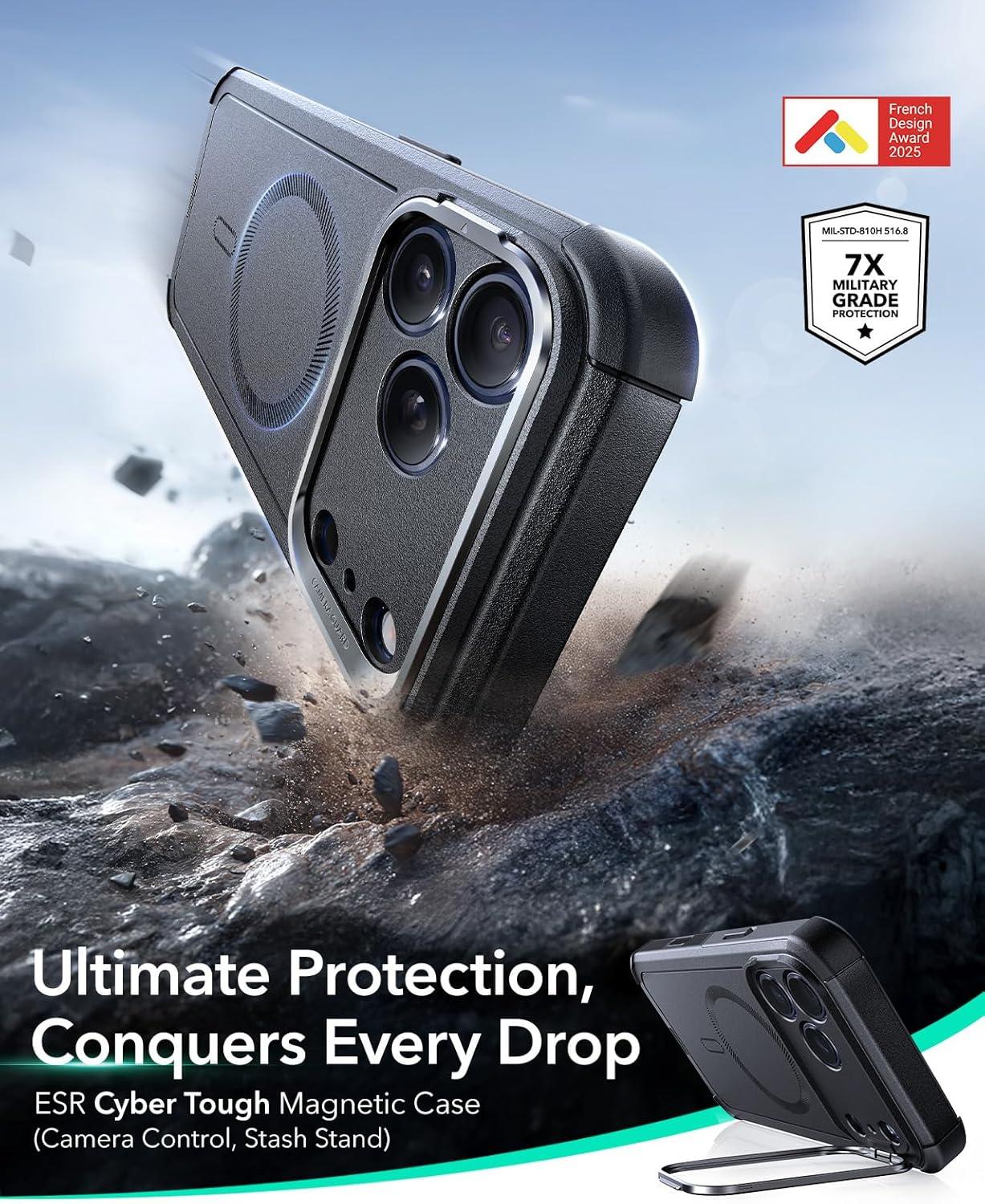imageESR for iPhone 17 Pro Max Case with Stash Stand 7X MilitaryGrade Drop Protection with Camera Control ShockAbsorbing Phone Rugged Cover Compatible with MagSafe Accessories Cyber Series BlackACamera ControlBlack