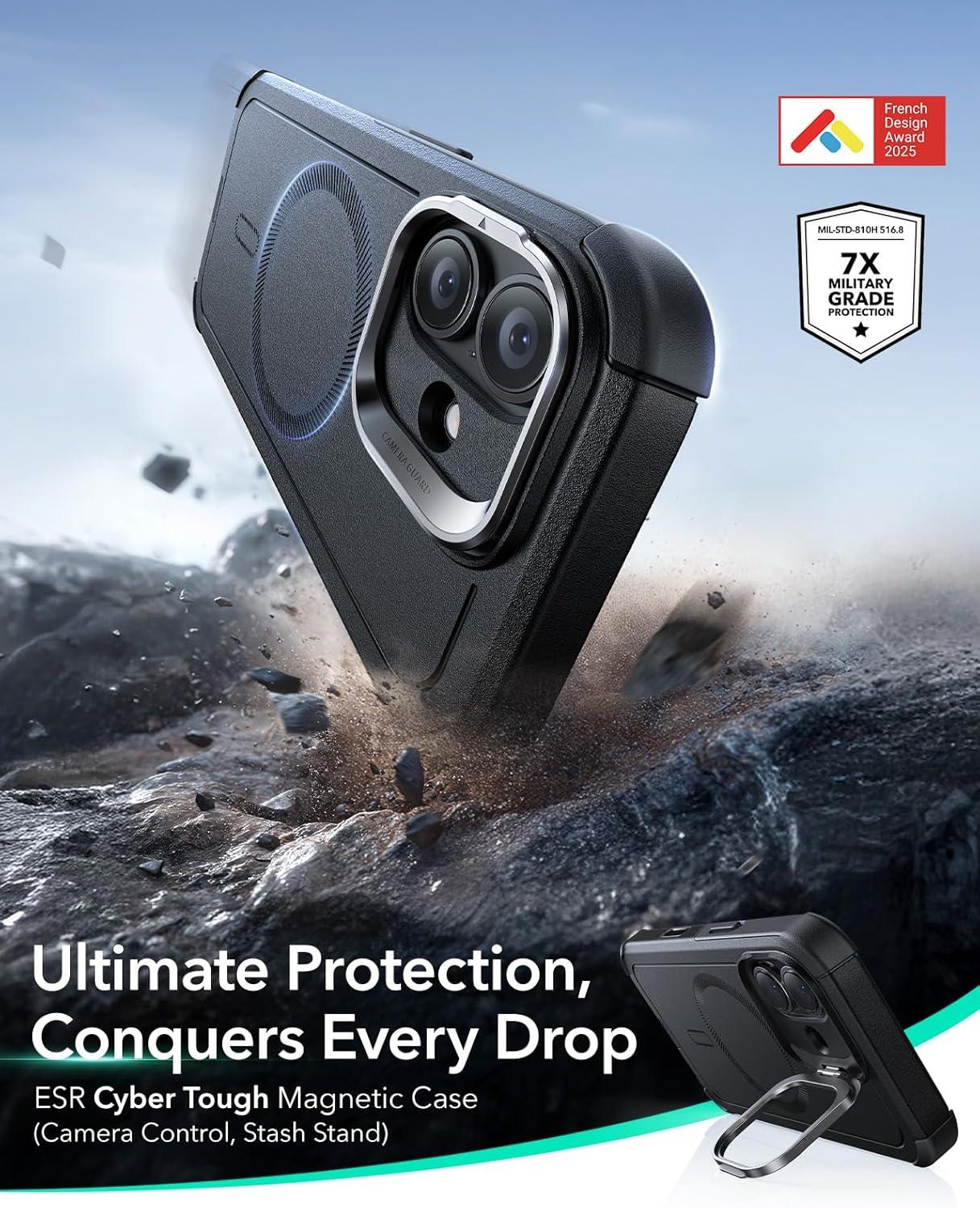 imageESR for iPhone 17 Pro Max Case with Stash Stand 7X MilitaryGrade Drop Protection with Camera Control ShockAbsorbing Phone Rugged Cover Compatible with MagSafe Accessories Cyber Series BlackACamera ControlBlack