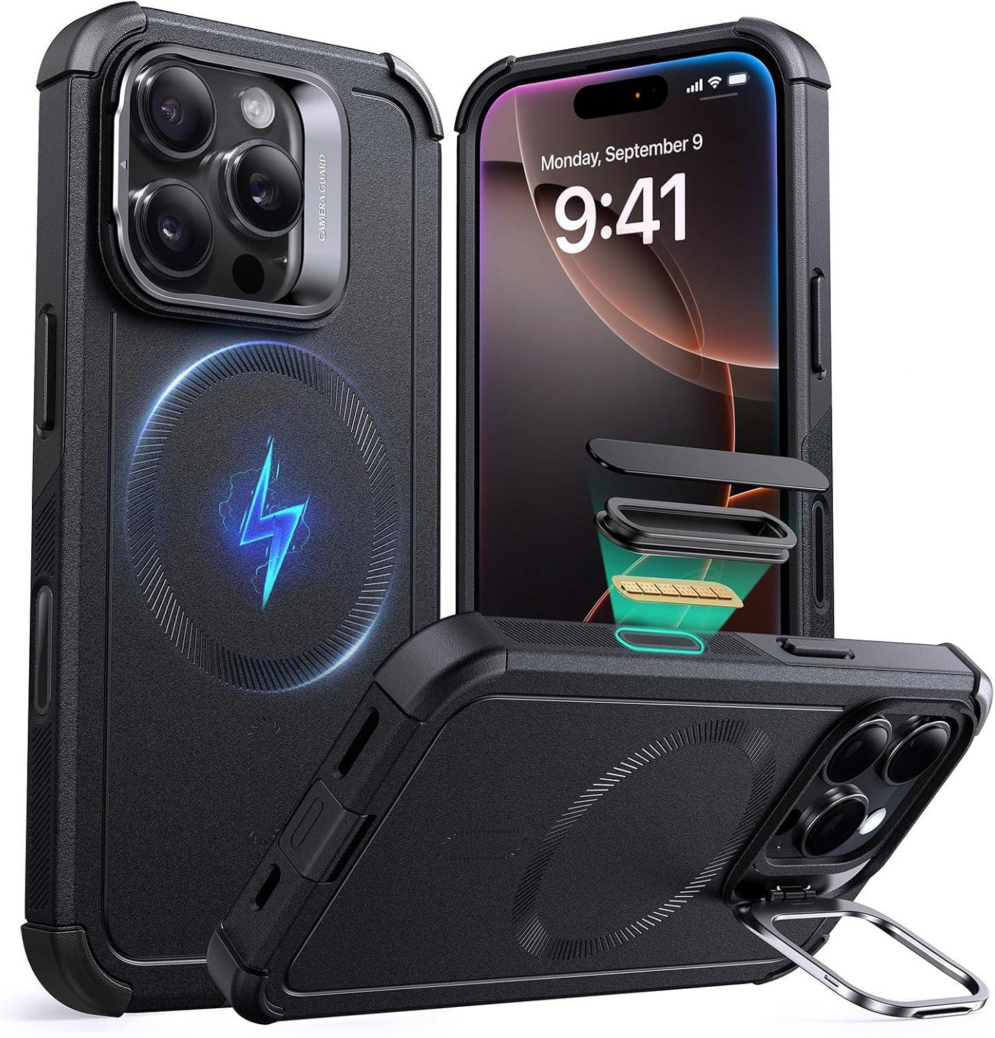 imageESR for iPhone 17 Pro Max Case with Stash Stand 7X MilitaryGrade Drop Protection with Camera Control ShockAbsorbing Phone Rugged Cover Compatible with MagSafe Accessories Cyber Series BlackACamera ControlBlack