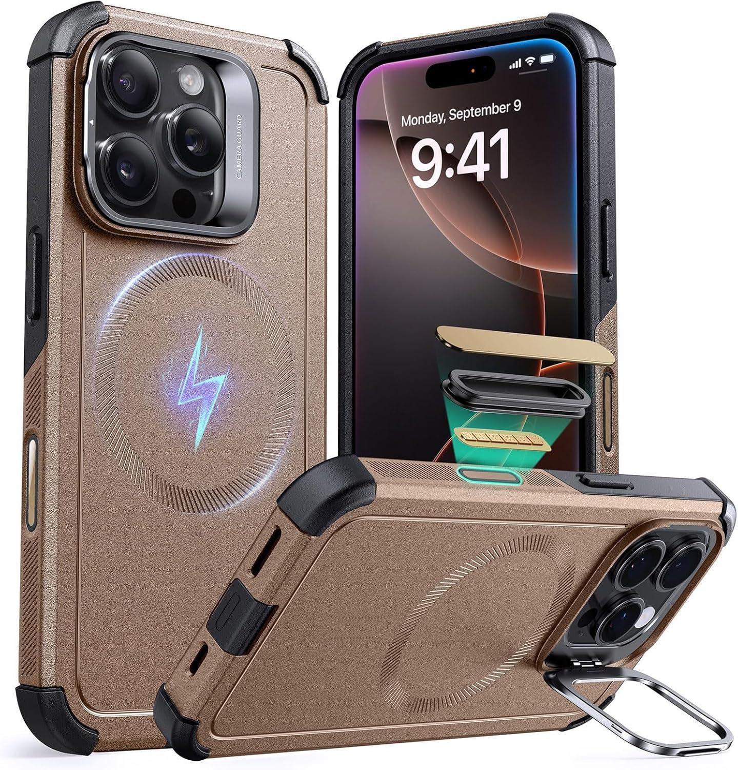 imageESR for iPhone 17 Pro Max Case with Stash Stand 7X MilitaryGrade Drop Protection with Camera Control ShockAbsorbing Phone Rugged Cover Compatible with MagSafe Accessories Cyber Series BlackACamera ControlGold