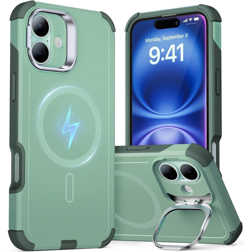 imageESR for iPhone 17 Pro Max Case with Stash Stand 7X MilitaryGrade Drop Protection with Camera Control ShockAbsorbing Phone Rugged Cover Compatible with MagSafe Accessories Cyber Series BlackMagnetic StandLight Green