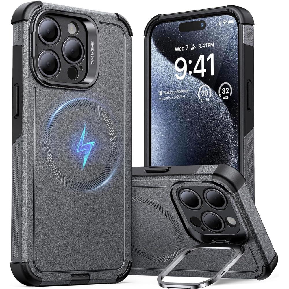 imageESR for iPhone 17 Pro Max Case with Stash Stand 7X MilitaryGrade Drop Protection with Camera Control ShockAbsorbing Phone Rugged Cover Compatible with MagSafe Accessories Cyber Series BlackMagnetic StandGrey