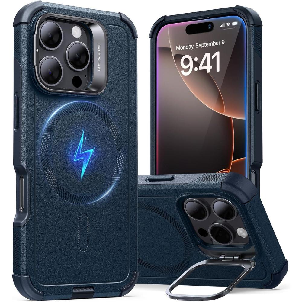 imageESR for iPhone 17 Pro Max Case with Stash Stand 7X MilitaryGrade Drop Protection with Camera Control ShockAbsorbing Phone Rugged Cover Compatible with MagSafe Accessories Cyber Series BlackMagnetic StandNavy Blue