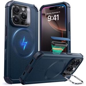 ESR for iPhone 17 Pro Max Case with Stash Stand, 7X Military-Grade Drop Protection with Camera Control, Shock-Absorbing Phone Rugged Cover, Compatible with MagSafe Accessories, Cyber Series, Black(A-Camera Control-Navy Blue)
