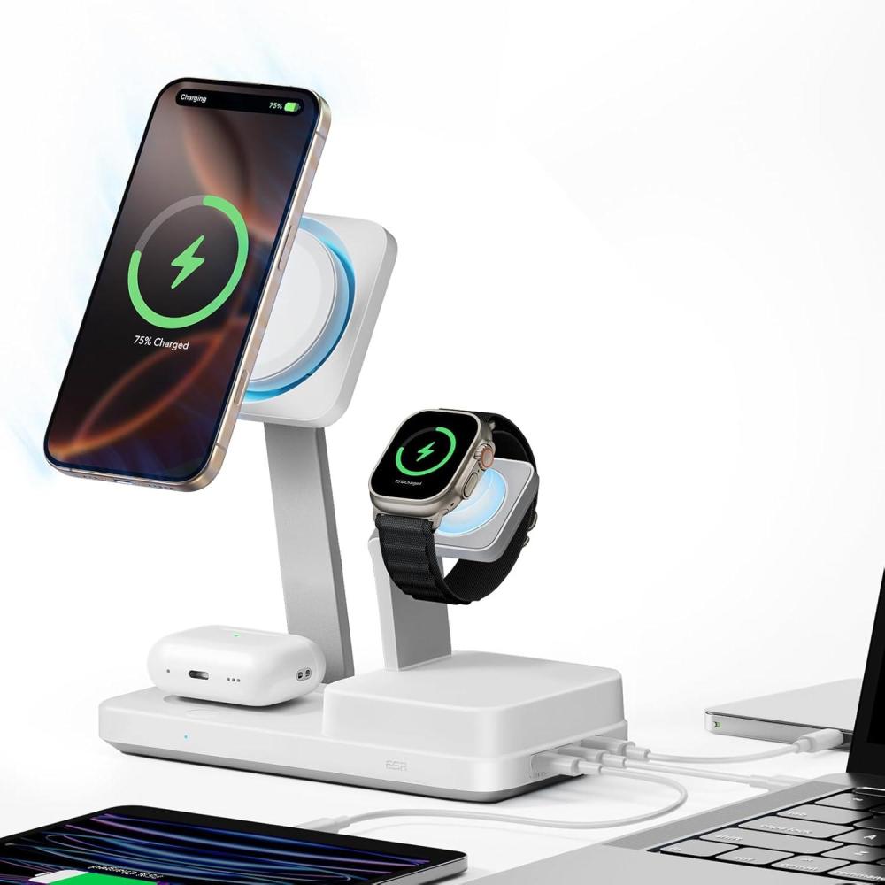 imageESR for 3 in 1 Charging Station Qi22 Certified 25W MagSafe Charger Stand with CryoBoost PhoneCooling Fast Charging Station for iPhone 1716 with iOS 26 AirPods Apple Watch BlackClassic White