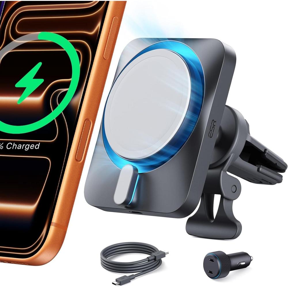 imageESR for 15W MagSafe Car Mount Charger with CryoBoost Made for AppleCertified for MagSafe Car Mount Magnetic Wireless Car Charger for iPhone 171615141312 Fast Charging PhoneCooling ChargerPremium Car Charger Set