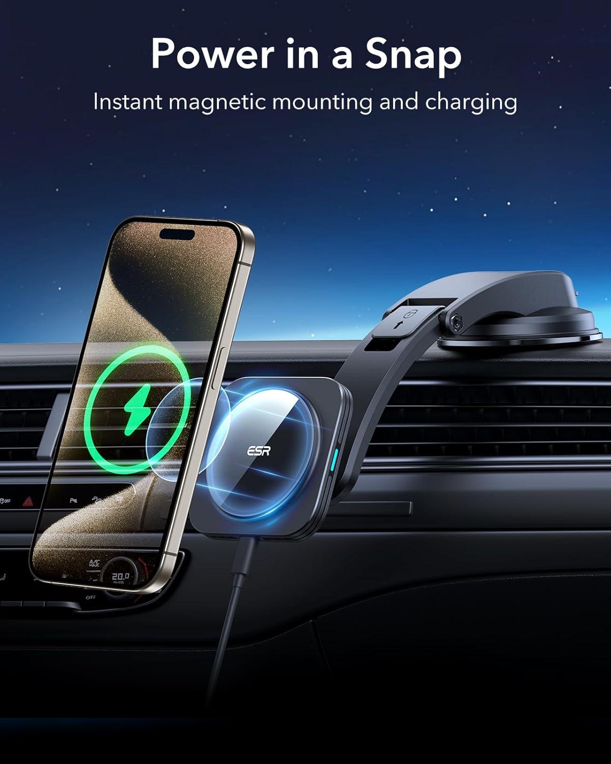 imageESR for 15W MagSafe Car Mount Charger MagSafe Car Charger Dashboard Magnetic Wireless Charging Mount for iPhone 171615141312 Galaxy S25 Pixel 10 Fast Charging Car AccessoriesBlackStandard LowProfile Mount
