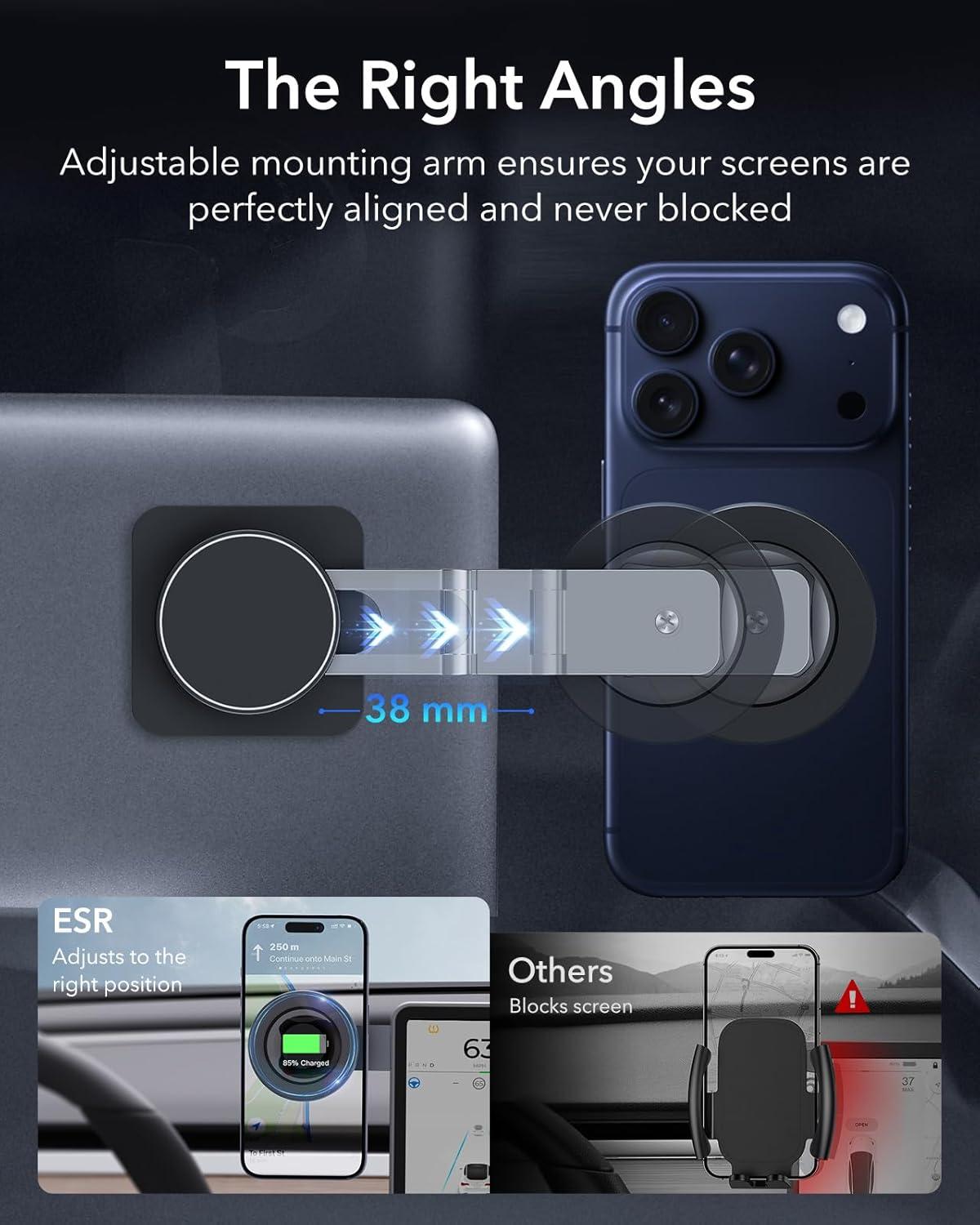 imageESR for MagSafe Car Mount Car Phone Holder Tesla Touchscreen Car Mount Magnetic Phone Holder for Car for iPhone 171616e15141312 S25 Pixel 10 Charging Not Supported2 Metal Rings IncludedDashboardTesla Car Mount