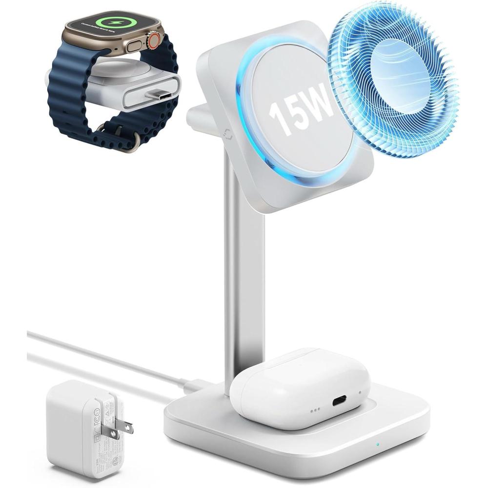 imageESR for MagSafe Charger Stand 3 in 1 Charging Station with CryoBoost PhoneCooling Wireless Charging 15W MagSafe Stand for iPhone 171615141312 AirPods Apple Watch BlackWhite