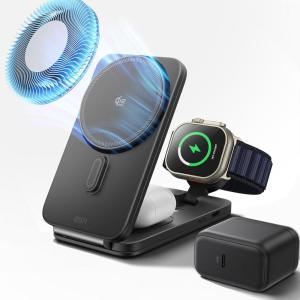 ESR 3 in 1 Charging Station for Apple, Qi2.2 25W MagSafe Charger with CryoBoost, Phone-Cooling Wireless Charging Station Foldable, for iPhone 17/16 with iOS 26(50W Adapter), AirPods, Apple Watch,Black(Black)