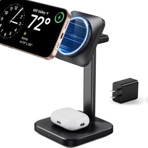 ESR 3 in 1 Wireless Charging Station for Apple[Certified] Portable Apple Watch Charger & MagSafe Charger Stand, Wireless Charger for Multiple Devices iPhone 17/16/15/14/13/12&Watch&AirPods, Black(Black)