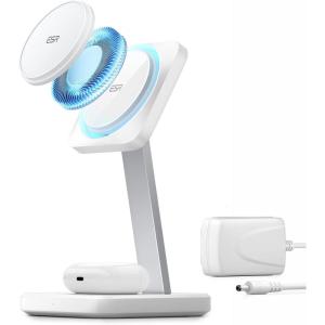 ESR HaloLock 2-in-1 Wireless Charger with CryoBoost, Compatible with MagSafe Charger Stand, Phone-Cooling Fast Charging Compatible with iPhone 16/15/14/13/12, AirPods Pro/3/2, with Adapter, White