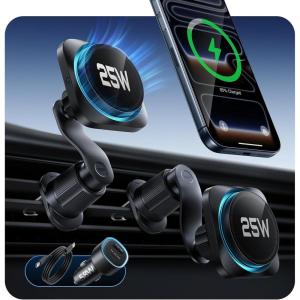 ESR OmniLock Qi2.2 Certified 25W MagSafe Car Mount Charger with CryoBoost, Phone Cooling MagSafe Car Charger, 360° Rotatable, Air Vent Magnetic Car Phone Holder for iPhone 17/16 with iOS 26, Black(Black)
