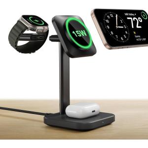 ESR for 3 in 1 Wireless Charging Station, Certified Apple Watch Charger, 15W MagSafe Charger Stand for iPhone, Wireless Charger for Multiple Devices iPhone 17/16/15/14/13, Watch, AirPods, Black(Black)