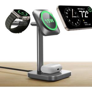 ESR for 3 in 1 Wireless Charging Station, Certified Apple Watch Charger, 15W MagSafe Charger Stand for iPhone, Wireless Charger for Multiple Devices iPhone 17/16/15/14/13, Watch, AirPods, Black(Grey)