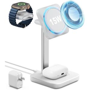 ESR for MagSafe Charger Stand, 3 in 1 Charging Station with CryoBoost, Phone-Cooling Wireless Charging, 15W MagSafe Stand, for iPhone 17/16/15/14/13/12, AirPods, Apple Watch, Black(White)