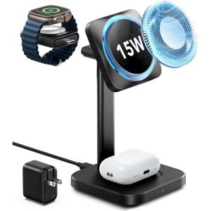 ESR for MagSafe Charger Stand, 3 in 1 Charging Station with CryoBoost, Phone-Cooling Wireless Charging, 15W MagSafe Stand, for iPhone 17/16/15/14/13/12, AirPods, Apple Watch, Black(Black)