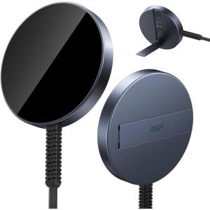 ESR for Magsafe Charger with Kickstand, 15W Wireless Charger for iPhone 15/14/13/12, AirPods 4/3/Pro/Pro 2,Galaxy S25,Strong Magnetic Charging Pad with Type-C Cable,Black(Blue with Stand)