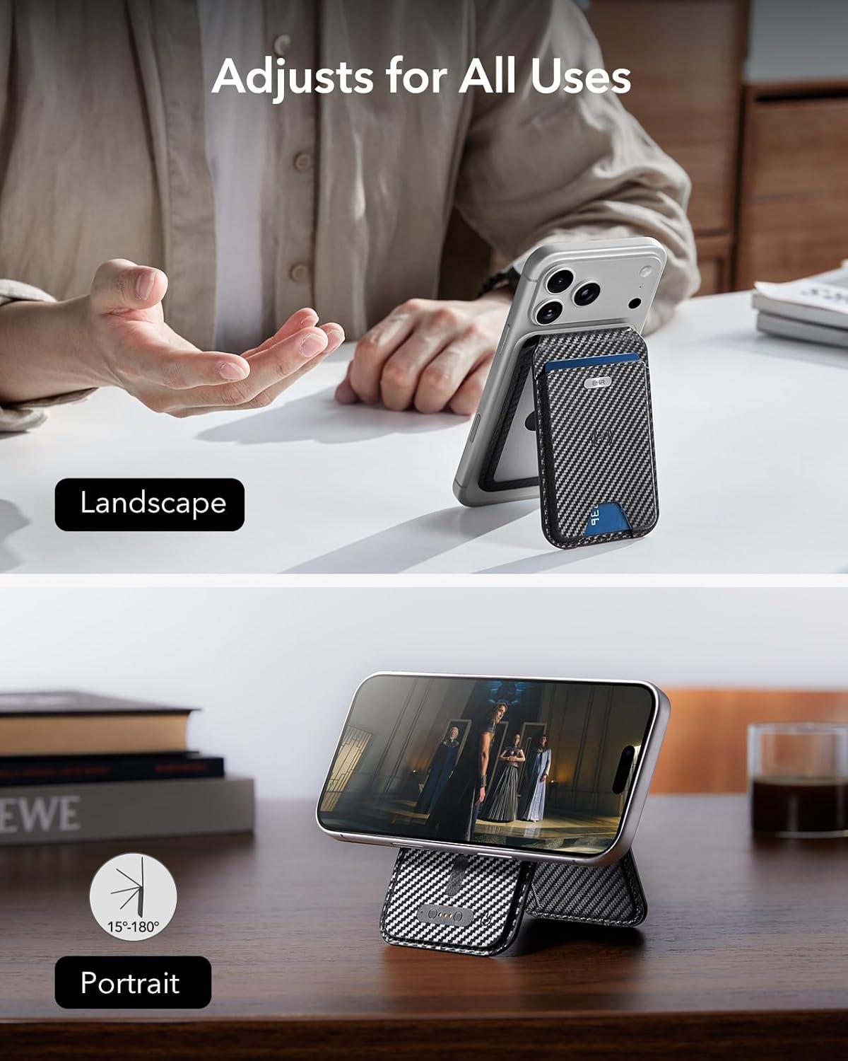 imageESR Geo for Magsafe Wallet with Full Find My Functionality 3 CardHolder RFID Blocking Magnetic Wallet for iPhone 171615141312 Series Adjustable Stand Dark Black Wallet Tracker Adjustable StandBStand Black Carbon Fiber