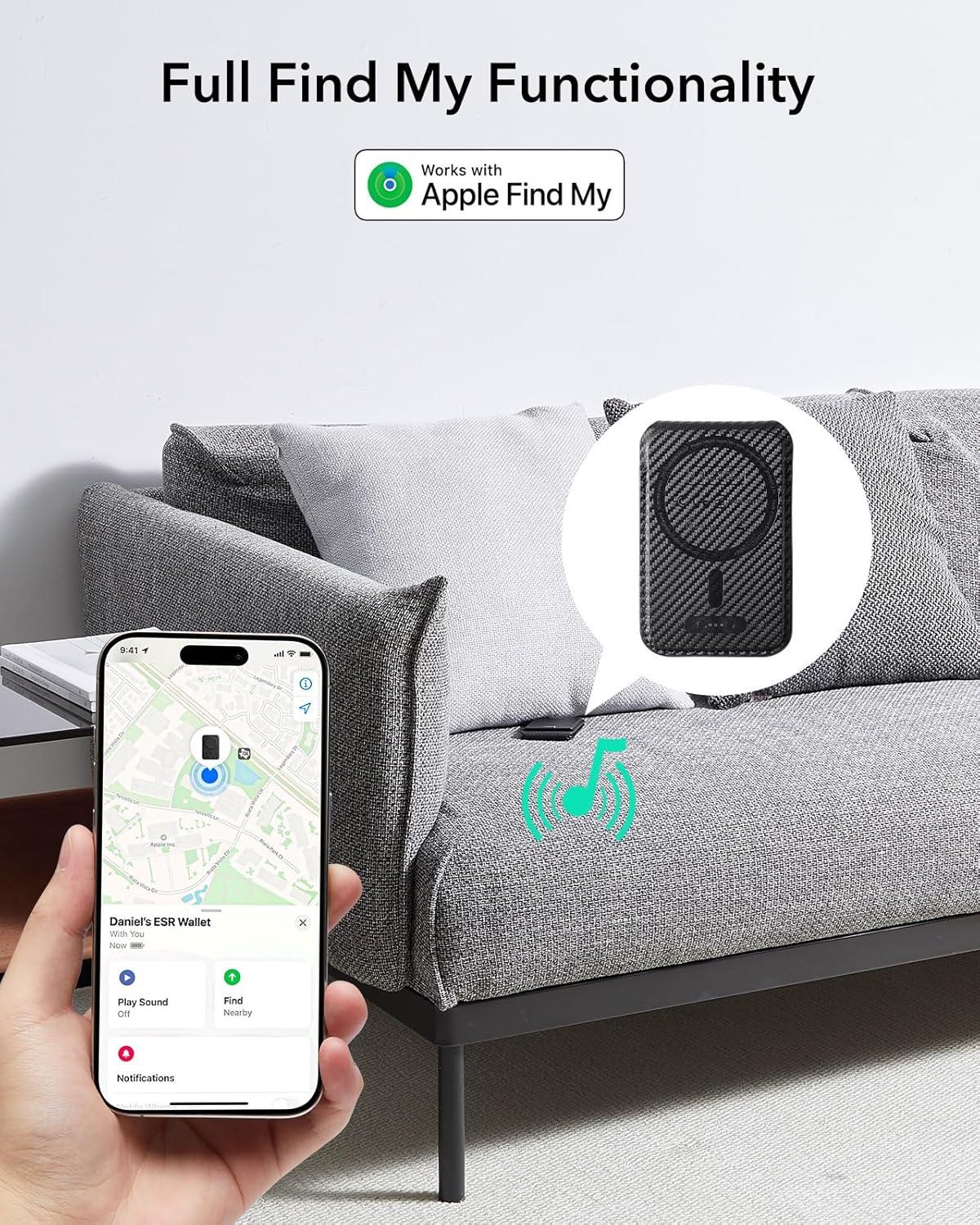 imageESR Geo for Magsafe Wallet with Full Find My Functionality 3 CardHolder RFID Blocking Magnetic Wallet for iPhone 171615141312 Series Adjustable Stand Dark Black Wallet Tracker Adjustable StandBStand Black Carbon Fiber