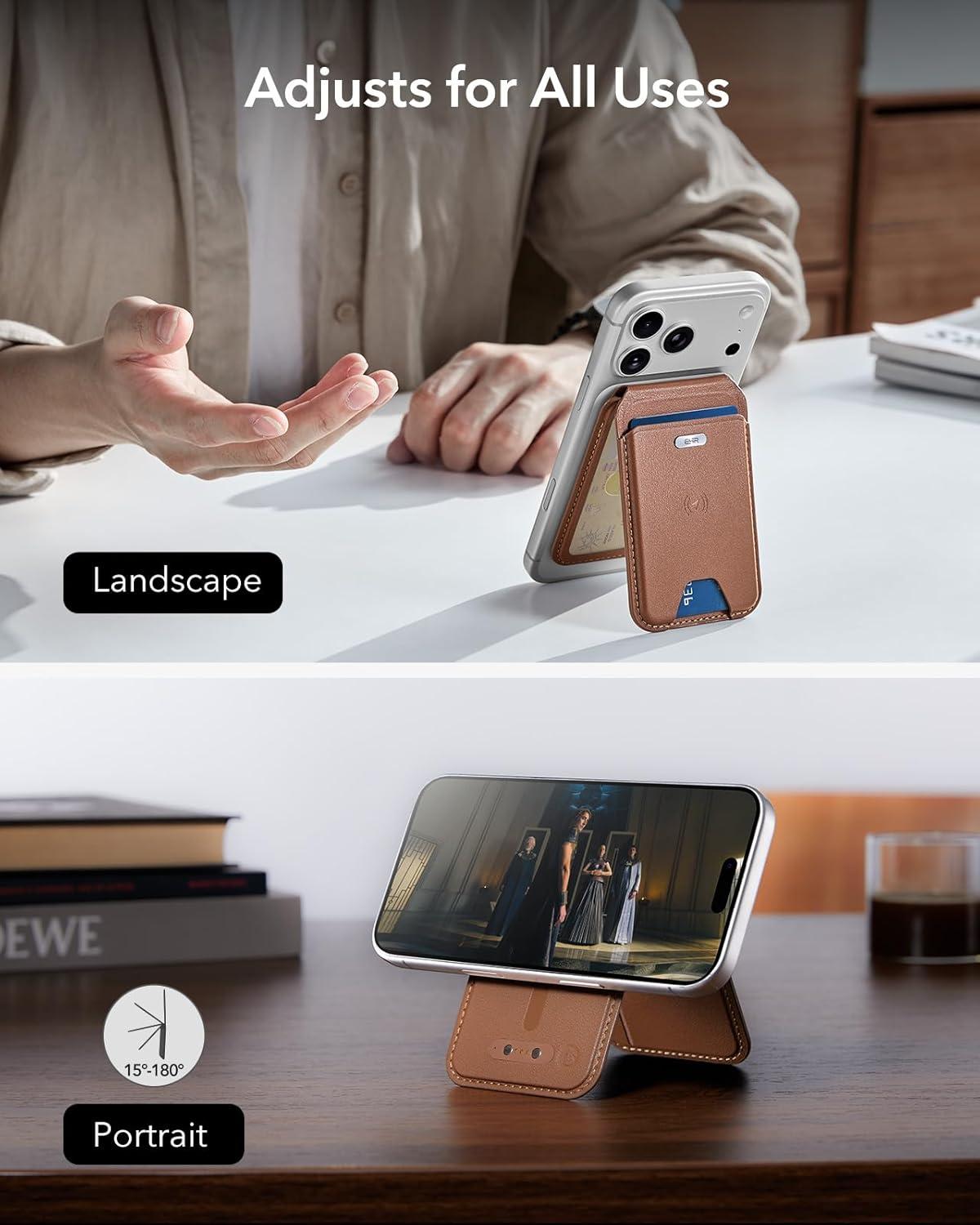 imageESR Geo for Magsafe Wallet with Full Find My Functionality 3 CardHolder RFID Blocking Magnetic Wallet for iPhone 171615141312 Series Adjustable Stand Dark Black Wallet Tracker Adjustable StandBStand Brown