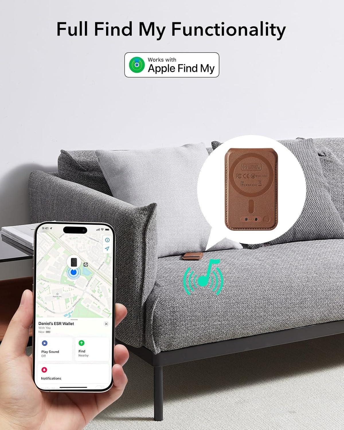 imageESR Geo for Magsafe Wallet with Full Find My Functionality 3 CardHolder RFID Blocking Magnetic Wallet for iPhone 171615141312 Series Adjustable Stand Dark Black Wallet Tracker Adjustable StandBStand Brown