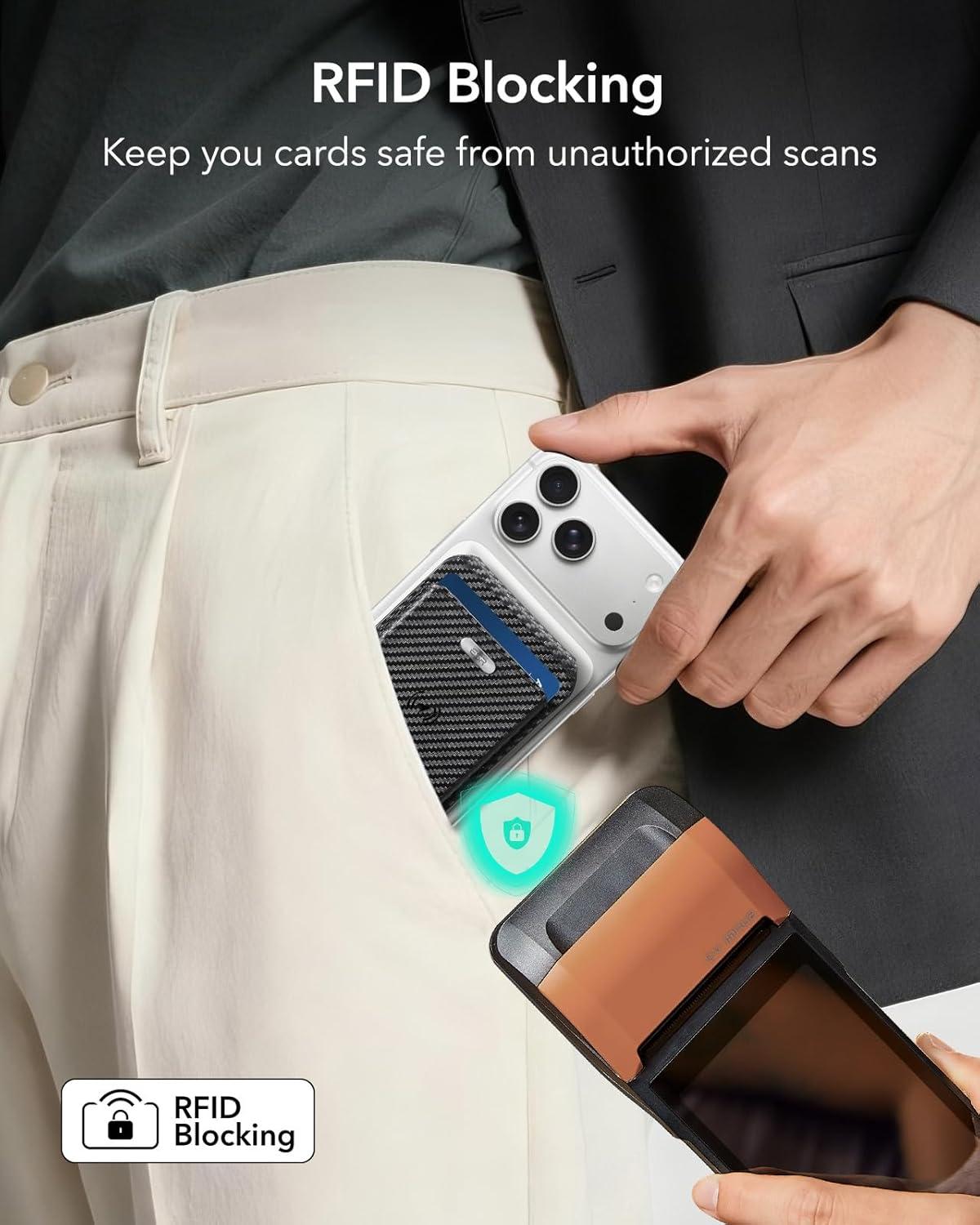 imageESR Geo for Magsafe Wallet with Full Find My Functionality 3 CardHolder RFID Blocking Magnetic Wallet for iPhone 171615141312 Series Adjustable Stand Dark Black Wallet Tracker Adjustable StandBStand Black Carbon Fiber