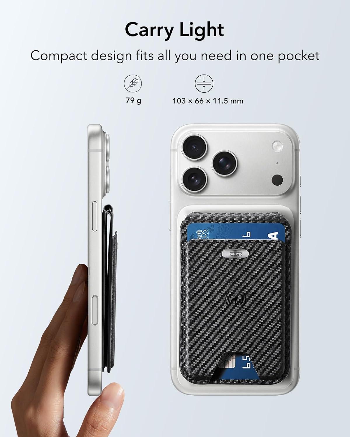 imageESR Geo for Magsafe Wallet with Full Find My Functionality 3 CardHolder RFID Blocking Magnetic Wallet for iPhone 171615141312 Series Adjustable Stand Dark Black Wallet Tracker Adjustable StandBStand Black Carbon Fiber