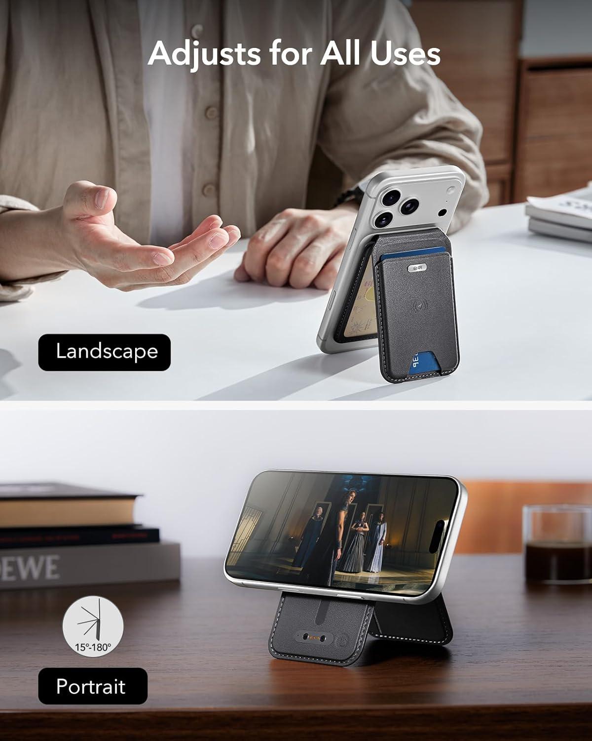 imageESR Geo for Magsafe Wallet with Full Find My Functionality 3 CardHolder RFID Blocking Magnetic Wallet for iPhone 171615141312 Series Adjustable Stand Dark Black Wallet Tracker Adjustable StandBStand Black