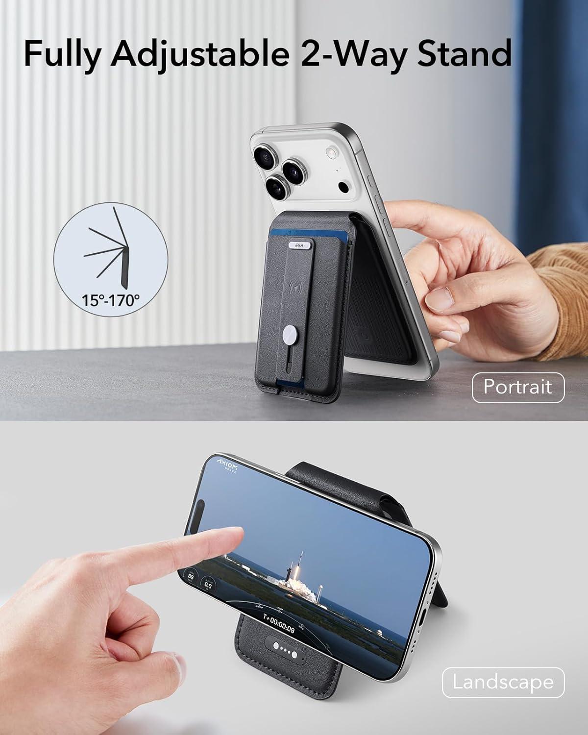 imageESR Geo for Magsafe Wallet with Full Find My Functionality5 CardHolder RFID Blocking Magnetic Wallet for iPhone 171615141312 Series with Adjustable Stand BrownAStand Grip Black