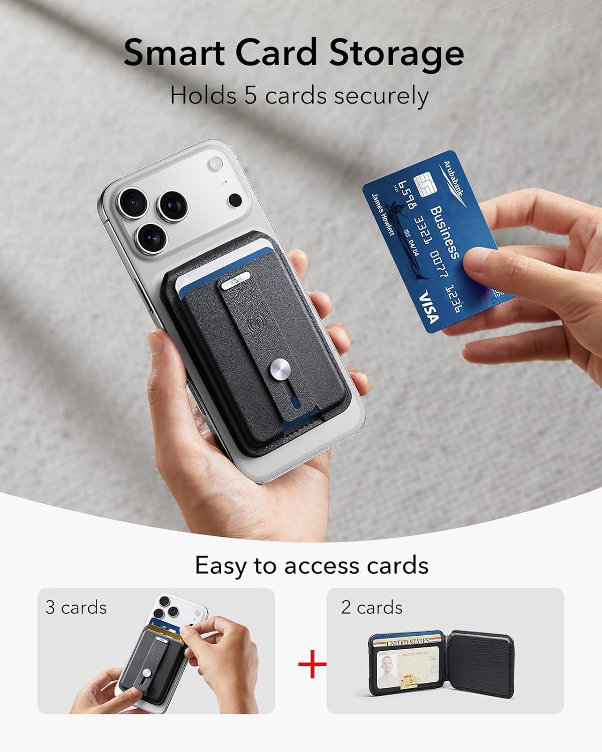 imageESR Geo for Magsafe Wallet with Full Find My Functionality5 CardHolder RFID Blocking Magnetic Wallet for iPhone 171615141312 Series with Adjustable Stand BrownAStand Grip Black