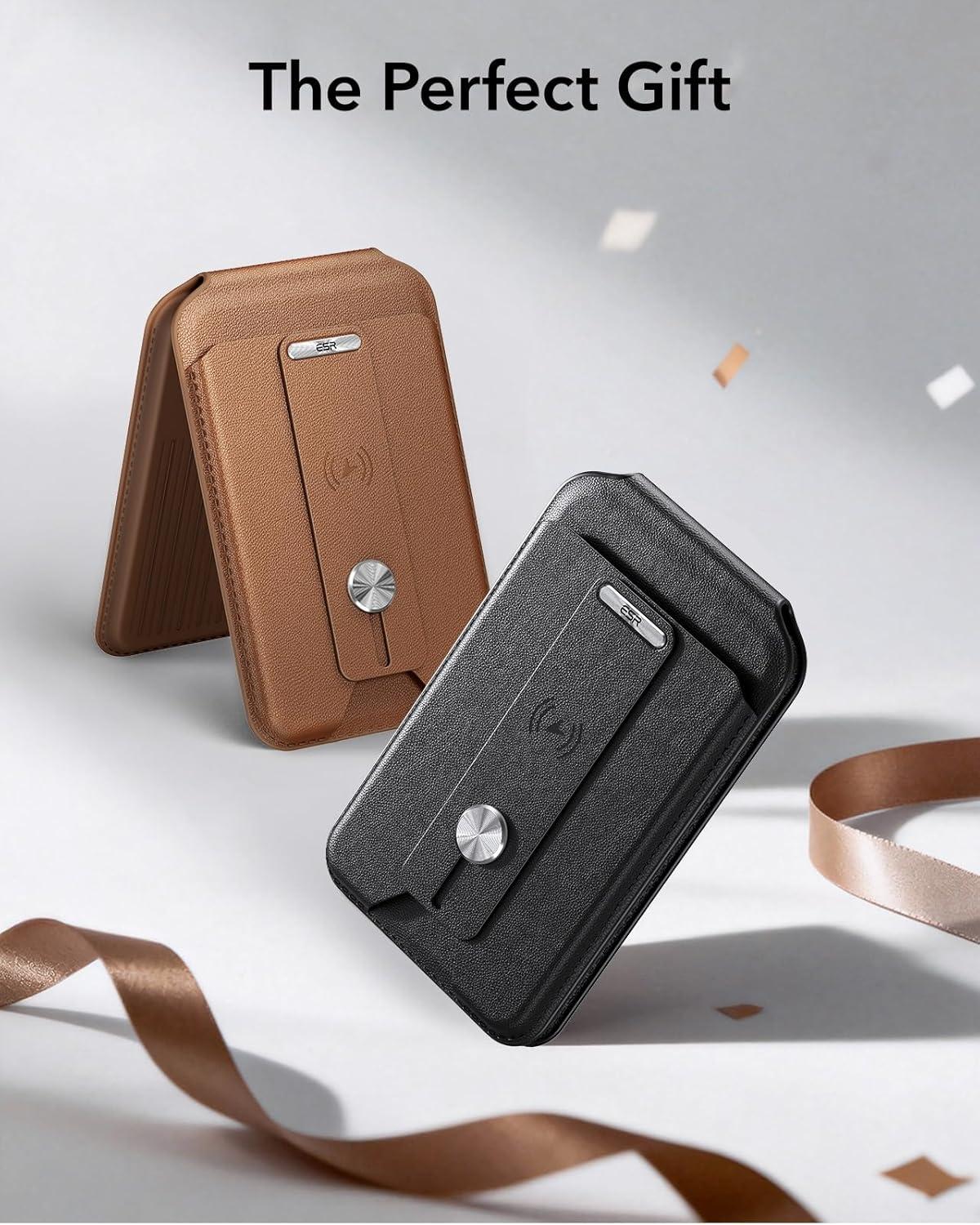 imageESR Geo for Magsafe Wallet with Full Find My Functionality5 CardHolder RFID Blocking Magnetic Wallet for iPhone 171615141312 Series with Adjustable Stand BrownAStand Grip Black