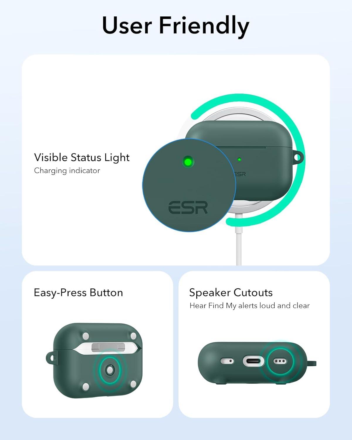 imageESR for AirPods Pro 2 Case Compatible with Airpods Pro Case 2nd 1st Generation 202320222019 Compatible with MagSafe Full Drop Protection Cover with Lanyard Black 2023 2022 2019 with LanyardBGreen