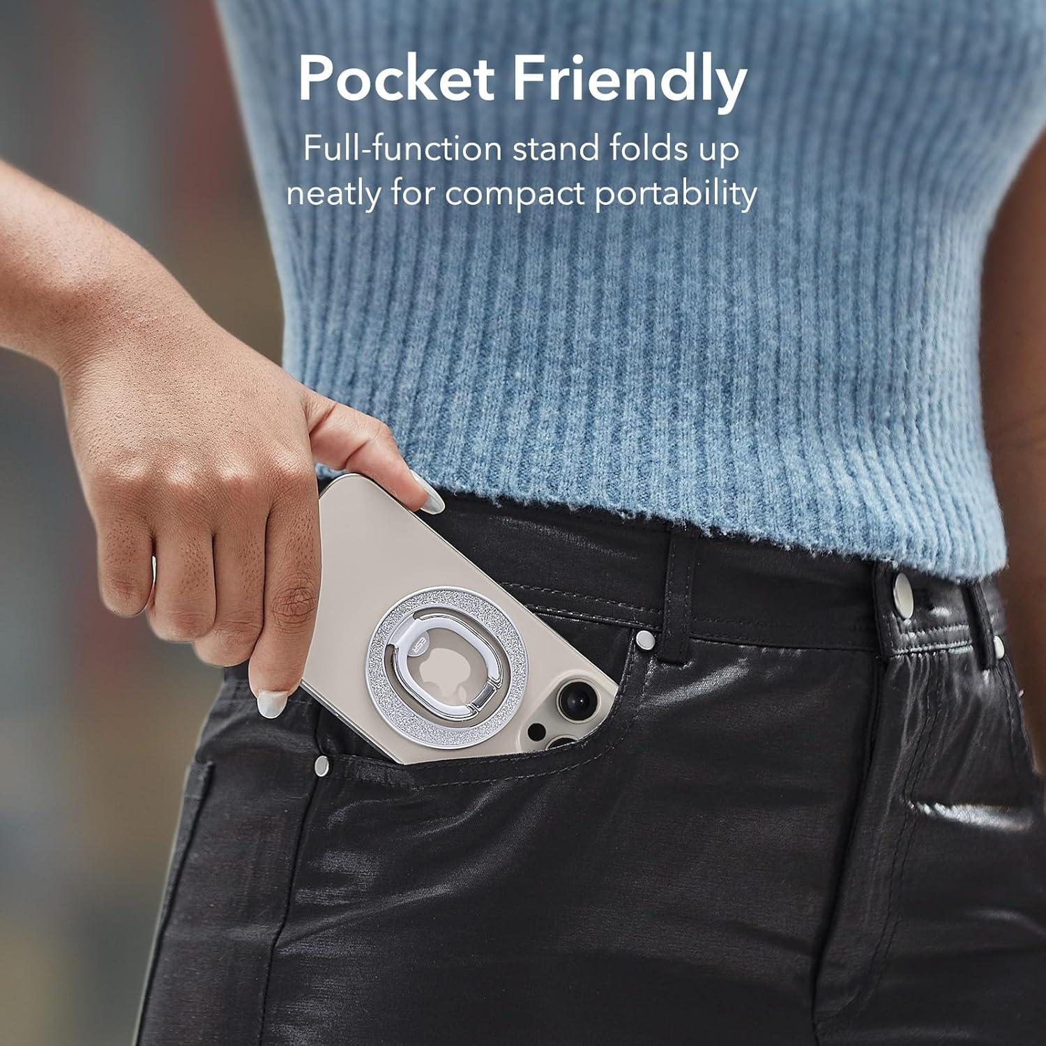 imageESR for MagSafe Phone Grip MagSafe Ring Holder Magnetic Phone Ring Holder Magnetic Phone Grip with 2Way Stand for iPhone 171615141312 Samsung Google All Smartphones2 Metal Rings includedRhinestone Silver