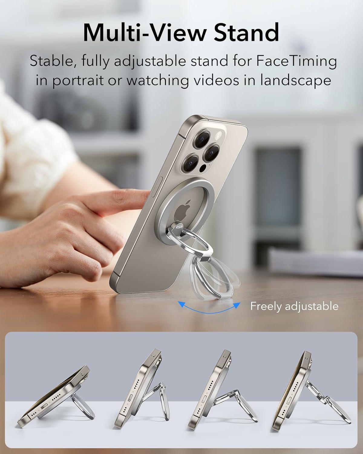 imageESR for MagSafe Phone Grip MagSafe Ring Holder Magnetic Phone Ring Holder Magnetic Phone Grip with 2Way Stand for iPhone 171615141312 Samsung Google All Smartphones2 Metal Rings includedNatural Titanium