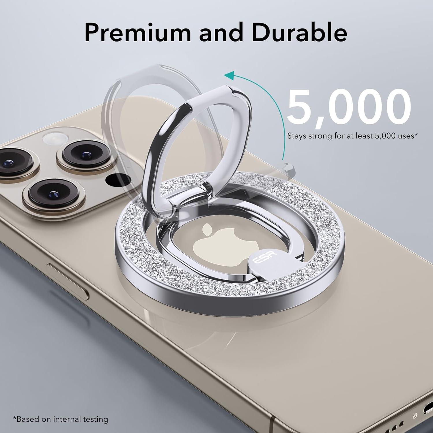 imageESR for MagSafe Phone Grip MagSafe Ring Holder Magnetic Phone Ring Holder Magnetic Phone Grip with 2Way Stand for iPhone 171615141312 Samsung Google All Smartphones2 Metal Rings includedRhinestone Silver